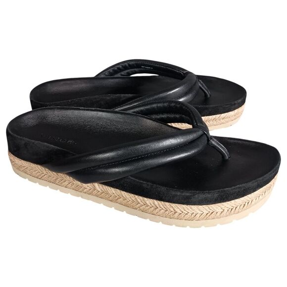 Vince Sandals 7 Womens Black Comfort Slide Thong Leather Flat Slip On Casual - Picture 1 of 9